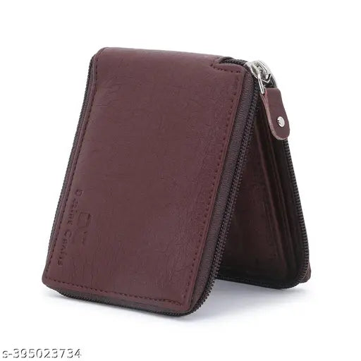 Brown artificial leather Dezire Crafts men's casual wallet - regular size with 4 card slots, neat compartments for notes and business cards, slim feel, and vintage style