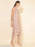 Beige moss digital floral printed co-ord set: sleeveless kurta and pants, polyester fabric, Indian origin