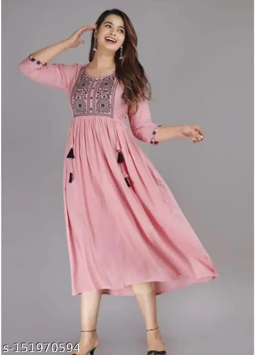 Rayon embroidered pink kurtis, Three-Quarter sleeves, vibrant Indian fashion