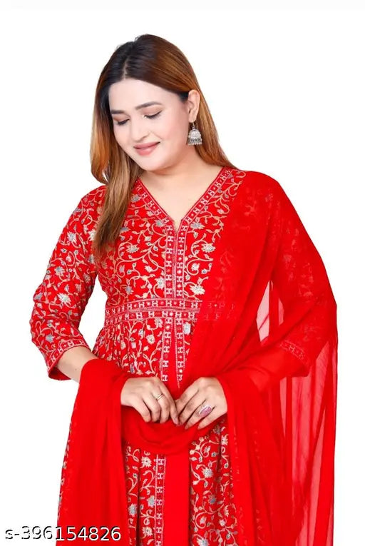 Red viscose rayon anarkali kurti and dupatta, printed embroidery, Indian fashion