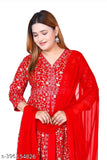 Red viscose rayon anarkali kurti and dupatta, printed embroidery, Indian fashion