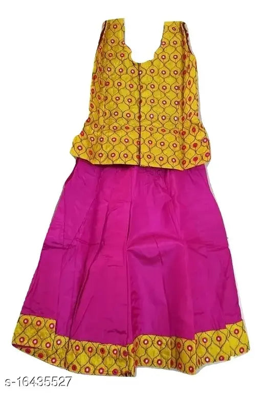 Trendy yellow multicolor South Indian Pattu Pavadai lehenga choli for baby girls on art silk, traditional attire from TrendyKidz