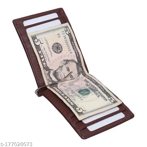 Brown PU men's money clip wallet with textured pattern, features 7 card slots, 2 secret slots, and 2 currency compartments. Elegant accessory for modern gentlemen, perfect size for pockets or travel bags. Indian-made, high-quality artificial leather product. Ideal gift for various occasions