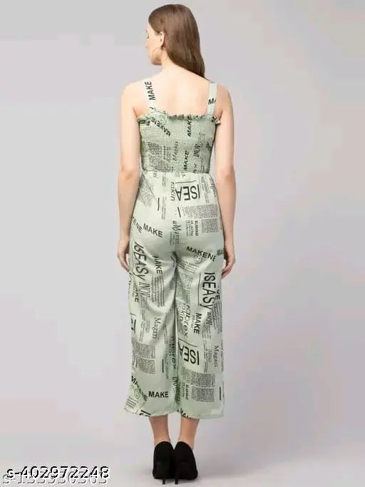 Indian-made, printed crepe jumpsuit with inner lining and shirt sleeves, typographic print on casual women's fashion