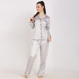 Solid silver satin lounge wear set for women, XS-XXL, long sleeve pyjama and shirt set from Pretty Loving Thing, India
