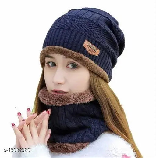 Black beanie hat with matching scarf, warm winter headwear and neck protection
