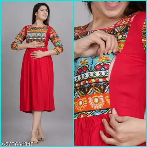 Trendy rayon A line maternity zip printed kurti gown