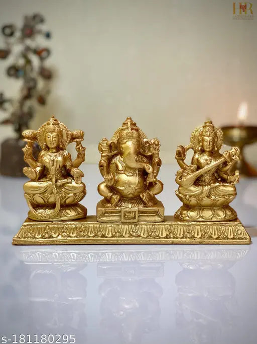 Gold poly resin Lakshmi Ganesh Saraswati idol for home decor and gifting