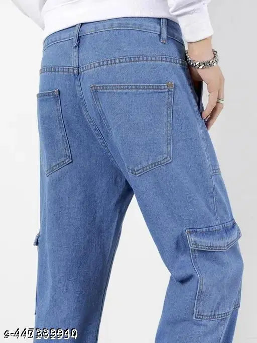 Blue denim men's jeans with 6 pockets