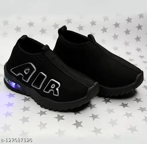 Black sports shoe with blue air text and LED lights