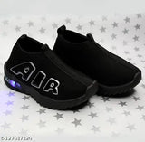 Black sports shoe with blue air text and LED lights