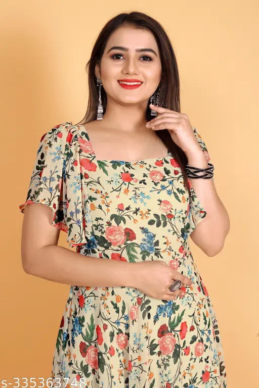 Flower printed chiku color Georgette kurti with short sleeves, digital rose print, fancy anarkali style for women in plus sizes