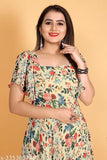 Flower printed chiku color Georgette kurti with short sleeves, digital rose print, fancy anarkali style for women in plus sizes