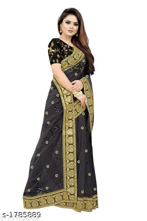 Black and gold satin saree with blouse, intricate paisley design