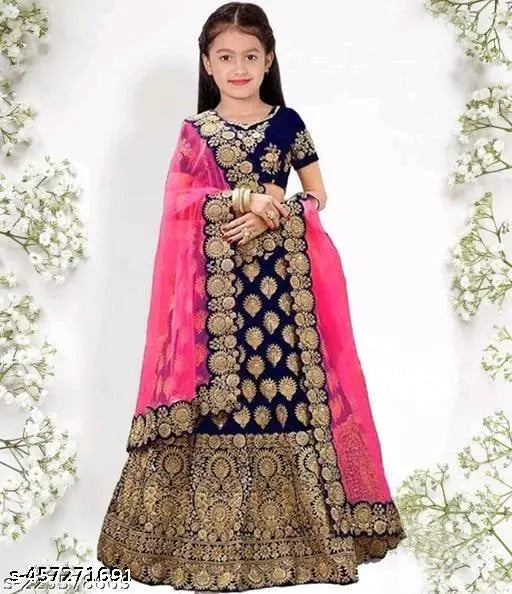 Silk Gillkart designer lehenga choli, embroidered with net dupatta. Handcrafted Indian wedding lehenga for girls aged 3-15 years