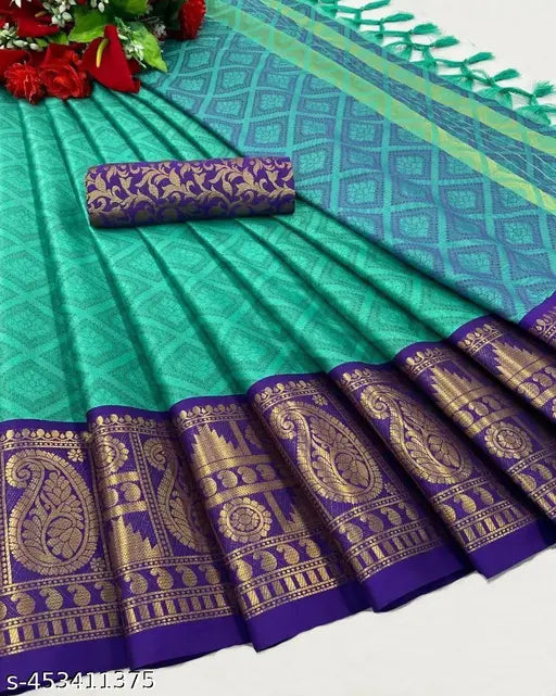 Trendy cotton silk big border jequard weaving saree with separate blouse piece, intricate zari woven design for women's party wear, Indian-made cotton silk pattu sarees