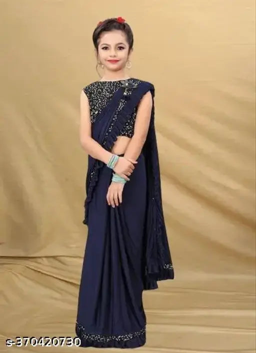 Trending polycotton baby girl saree for wedding and party wear, embellished net blouse with velvet detail, various sizes available (3-14 years)