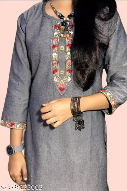 Gray woolen kurti with red embroidery and black belt