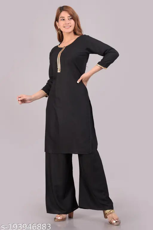 Rayon straight kurta and palazzo set for women, solid net, comfortable ethnic wear, three-quarter sleeves
