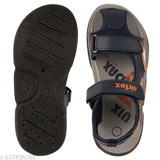 Black and white casual outdoor valcro floater sandal with a navy blue strap