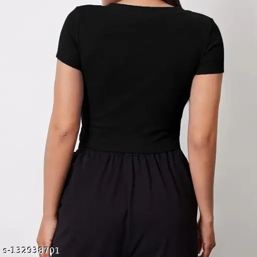 Black cotton blend crop top for women and girls, elegant design by RIVAEM Fashion and Accessories. Short sleeves, machine washable. Available in sizes S, M, L, XL