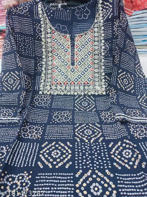 Sarai Jaipur woman's rayon bandhani printed round kurta with 3/4 sleeves, embroidered neck detail, viscose rayon fabric