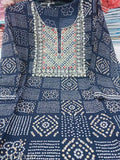 Sarai Jaipur woman's rayon bandhani printed round kurta with 3/4 sleeves, embroidered neck detail, viscose rayon fabric