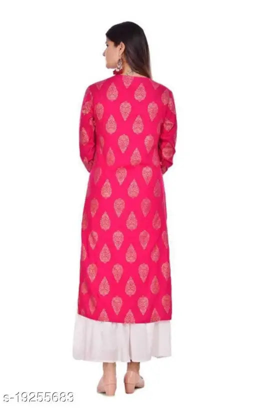 Designer printed kameez, shades of red and pink on long skirt, sharara style