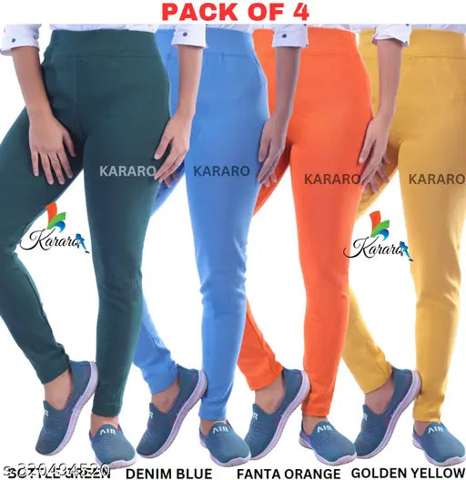 Stylish cotton blend jeggings pack of 4, women's medium quality leggings with lightweight feel and trendy design, size range includes 26-34, free size also available. Indian made product
