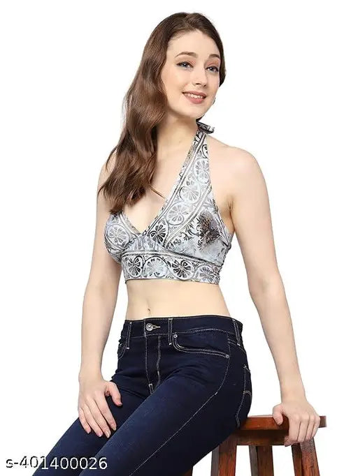 Gold plated Art Silk relaxed fit halter top with printed net, sleeveless, free size (42 in bust, 18 in length) for women's fashion