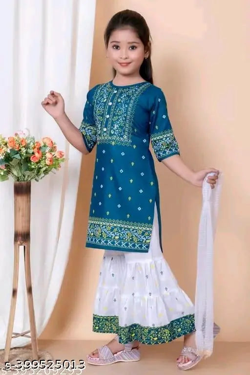 Kids girls printed Rayon Nayra set with dupatta, embroidered straight sharara top and three-quarter sleeves for 2-4 year olds