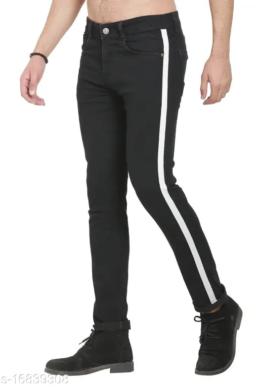 Black polycotton men's side-stripe jeans from Sobbers, solid design, 32 or 34 waist with 40-inch length