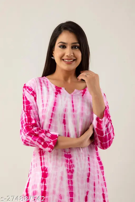 Trendy pink tie-dye rayon straight kurta and palazzo set, full length with short sleeves