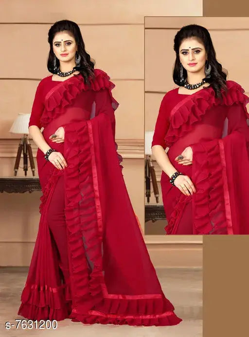 Red georgette saree with floral print and plain solid trim