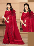 Red georgette saree with floral print and plain solid trim