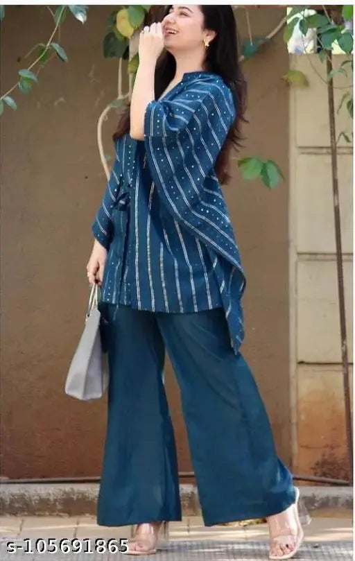 Striped rayon kaftan with palazzos, three-quarter sleeves for women, single size options M & L