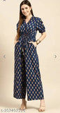Navy blue rayon printed net short sleeve jumpsuit on mannequin, sizes XS to XXL
