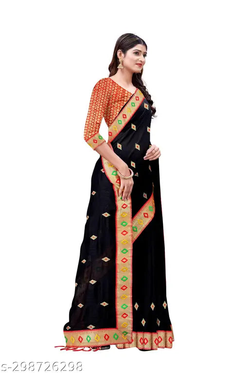Embroidered Georgette saree with black border, multi-color floral embroidery