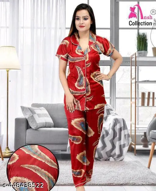 Red satin pankh printed women's night suit set with short sleeves, suitable for machine wash. Indian-made cozy, lightweight sleepwear