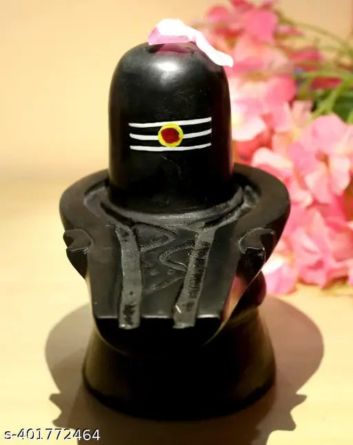 Handcrafted & hand-painted black resin Shivling idol with tilak design, 5" tall and 12cm long, symbolizing Lord Shiva for religious ceremonies and meditation, made in India