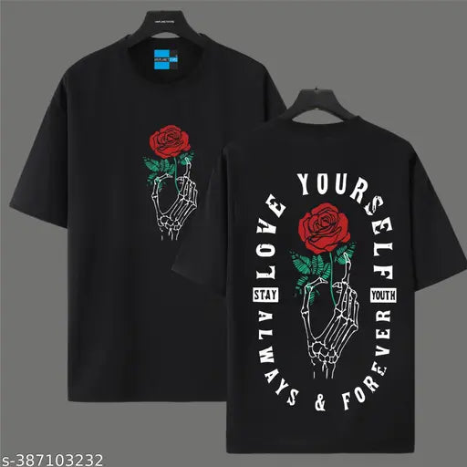 Black cotton blend 3/4 sleeve men's oversized t-shirt with love your self print, Indian origin