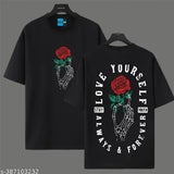 Black cotton blend 3/4 sleeve men's oversized t-shirt with love your self print, Indian origin