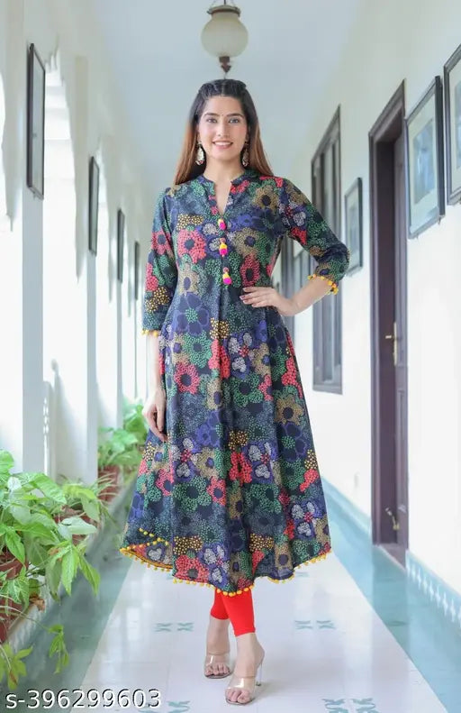 Black cotton three-quarter sleeve floral mandarin kurti for women, printed combo. Close-up on Indian Yash Gallery design