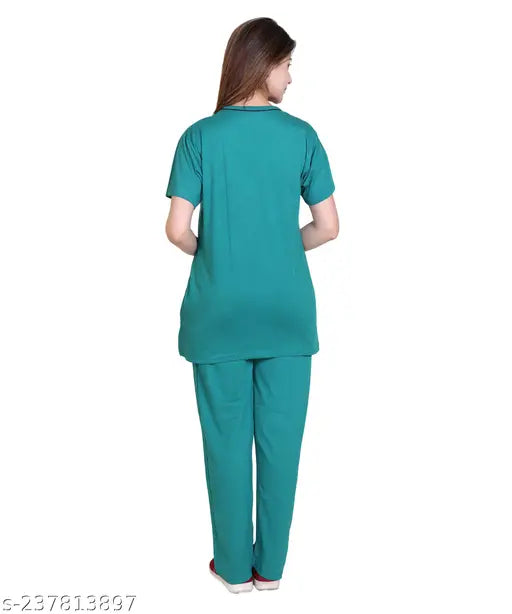 RG Summer Daily Night Wear cotton round neck printed half sleeve top & bottom, 100% cotton nightsuit for women's/girls. Loose-fitted with no fade or shrinkage issues, perfect length to hide tummy and shape body line. India origin