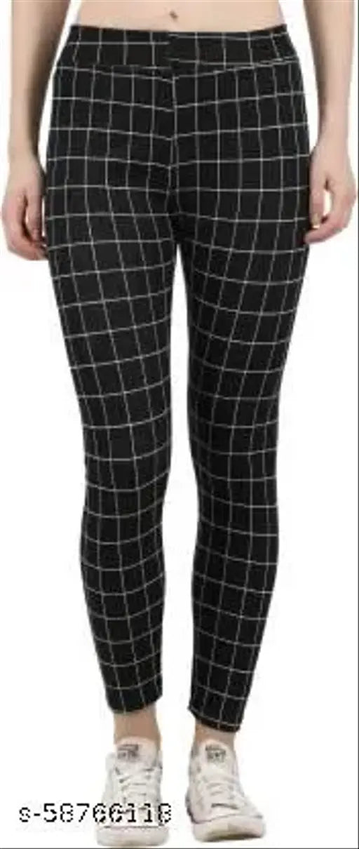 Cotton blend checked women's jeggings, adjustable elastic waistband for fitness, gym, yoga, sports, and casual use. Size: 26-32 (free-size fits S-M-L). Made in India