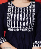 Embroidered rayon kurti, trendy three-quarter sleeve gown, Indian wedding wear