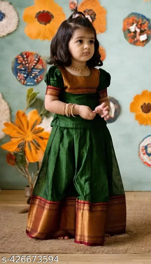Vibrant printed taffeta silk Lehenga Choli, traditional South Indian party wear for girls