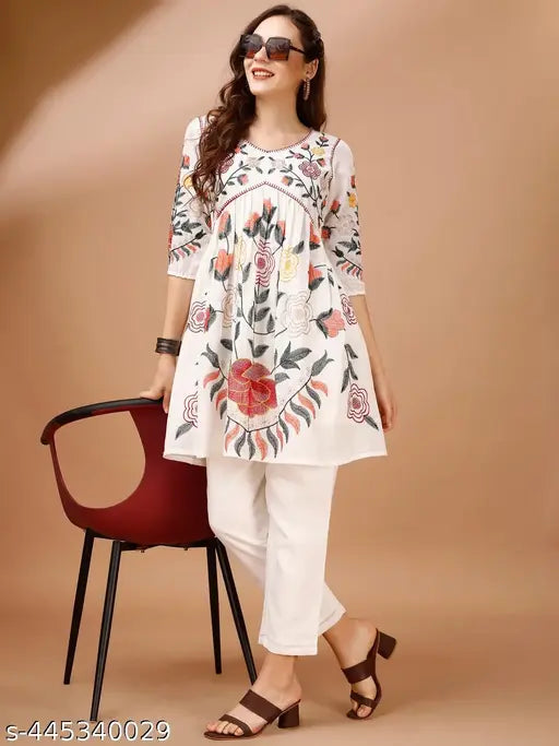 Off-white linen coord set, multi-thread embroidered flared tunic and trousers, three-quarter sleeves, Indian craftsmanship