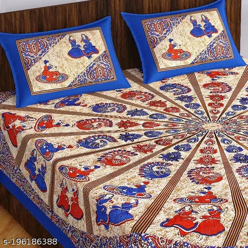 Rajasthani floral bedsheet with 2 pillow covers, blue & red, pure cotton, decorative design.