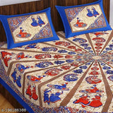 Rajasthani floral bedsheet with 2 pillow covers, blue & red, pure cotton, decorative design.